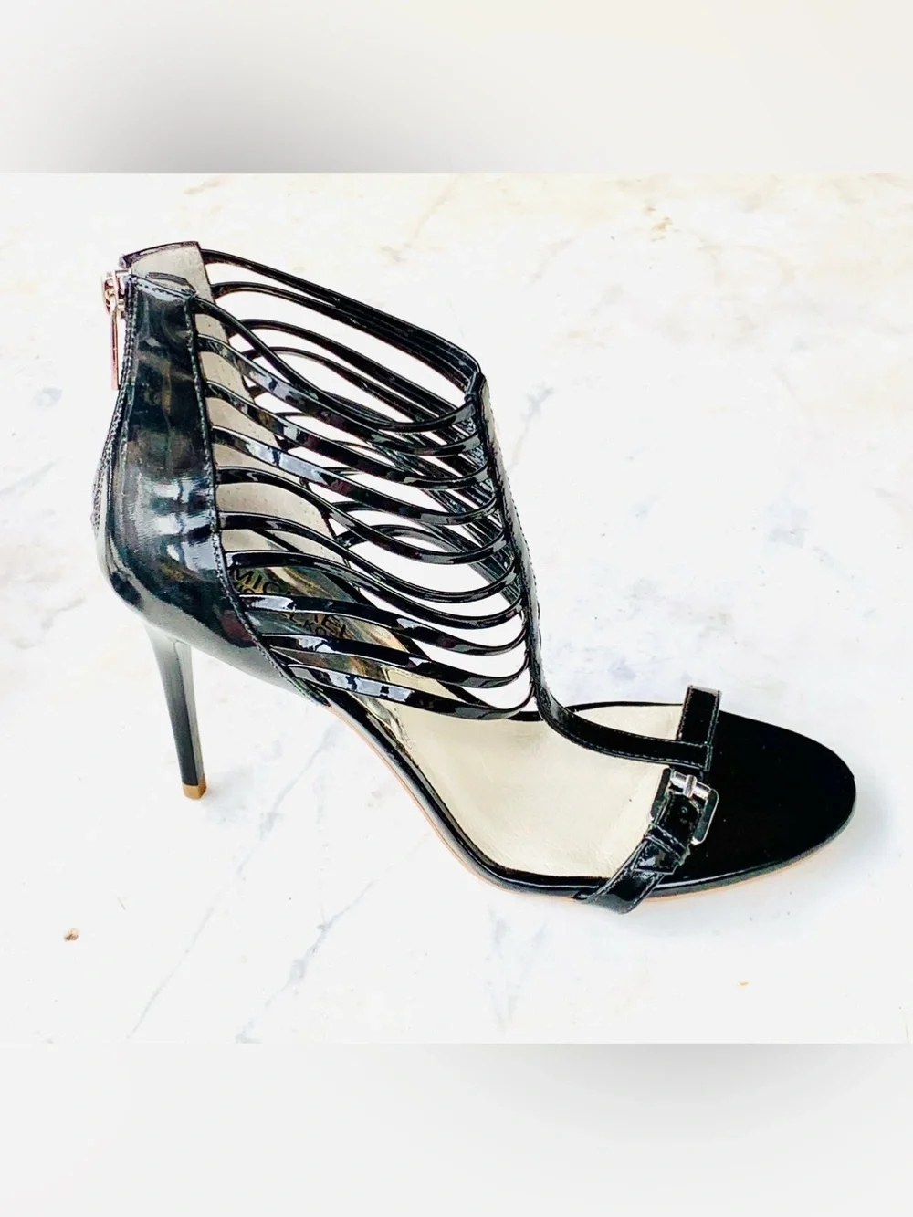Michael Kors Black Patent Strappy MOLLY Gladiator Heels 8.5 NEW ZIPPERS T-STRAP